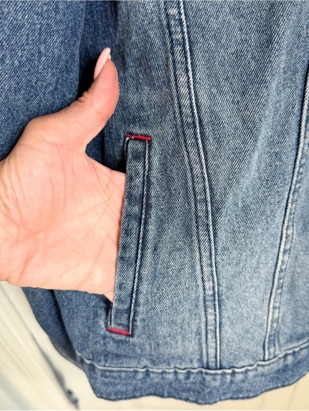 True Religion Men's Blue Denim Trucker Jacket with Red Stitching